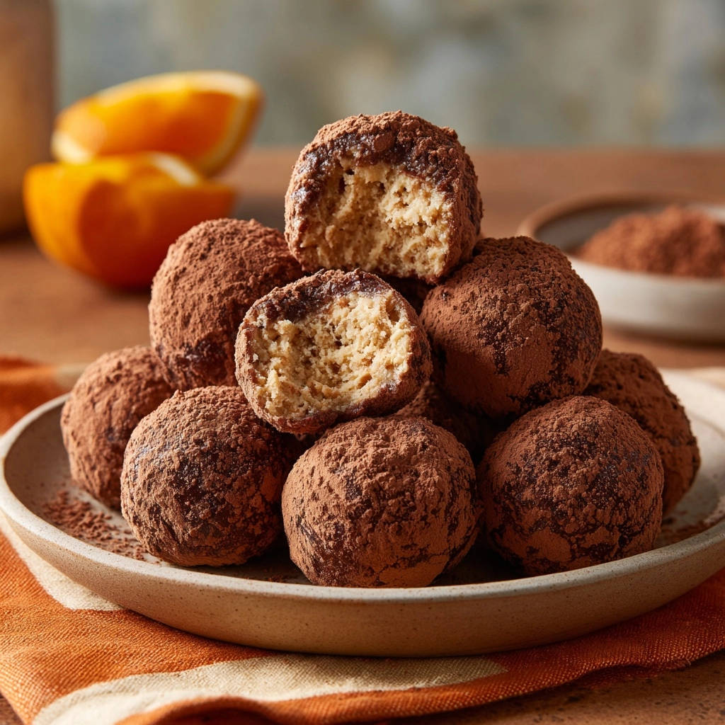 Cocoa-dusted dessert bites showing a close-up cross-section of their moist interior and chocolate coating.