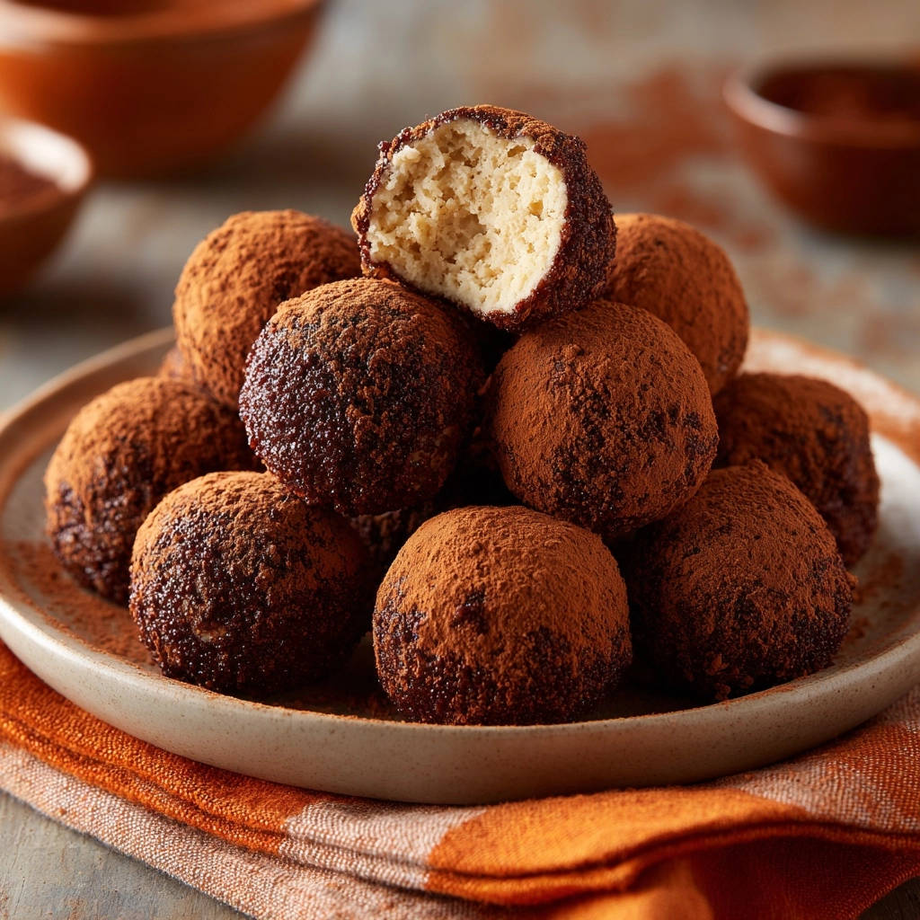 Cocoa-dusted dessert bites with a visible moist interior cross-section, showcasing their texture.