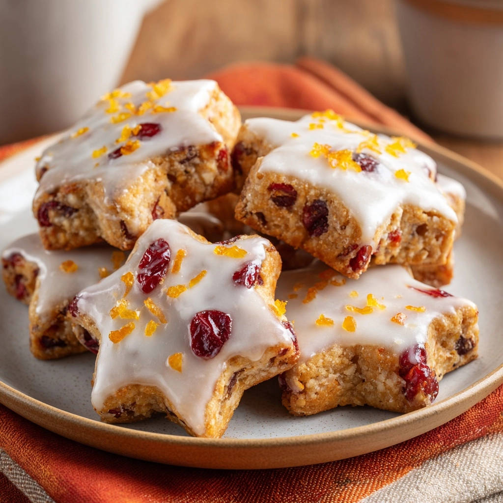 Cranberry orange star scones are piled high on a plate, drizzled with white glaze and sprinkled with orange zest.