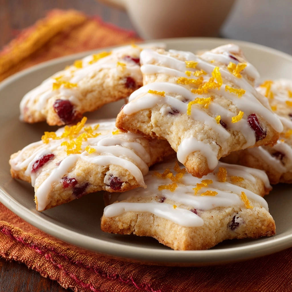 Cranberry orange star scones topped with white glaze and a vibrant orange zest garnish.