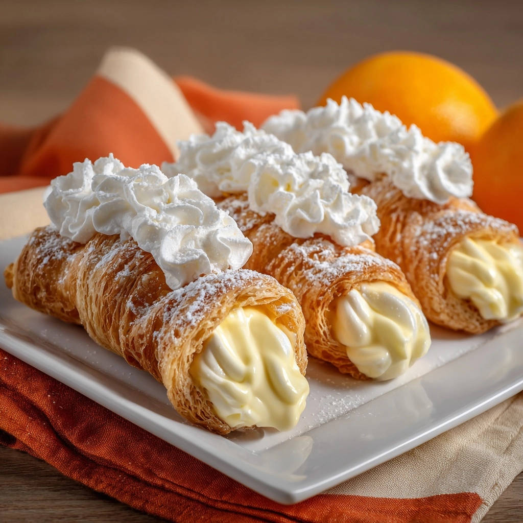 Flaky cream horns filled with rich custard and topped with whipped cream, presented on a white plate.