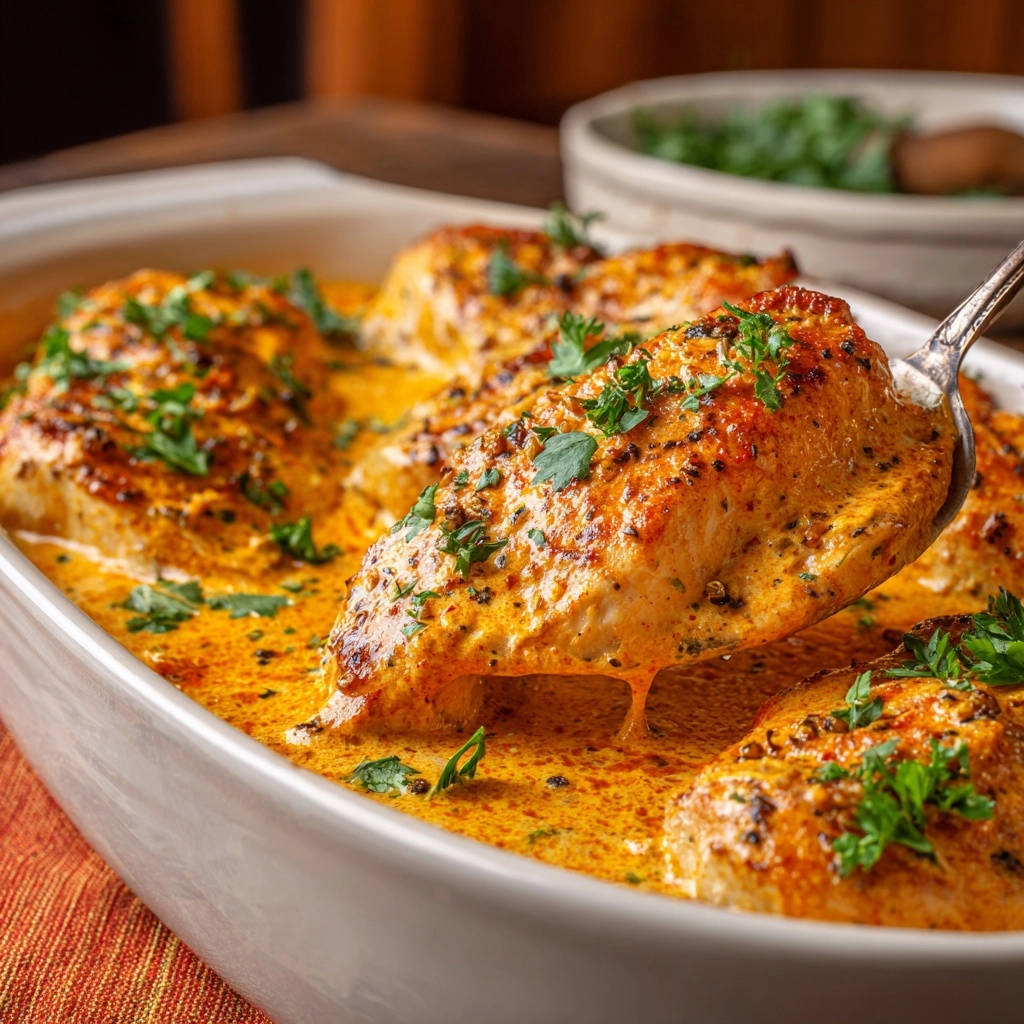Creamy baked chicken with a spoonful being lifted showing moist chicken in rich sauce and parsley garnish.