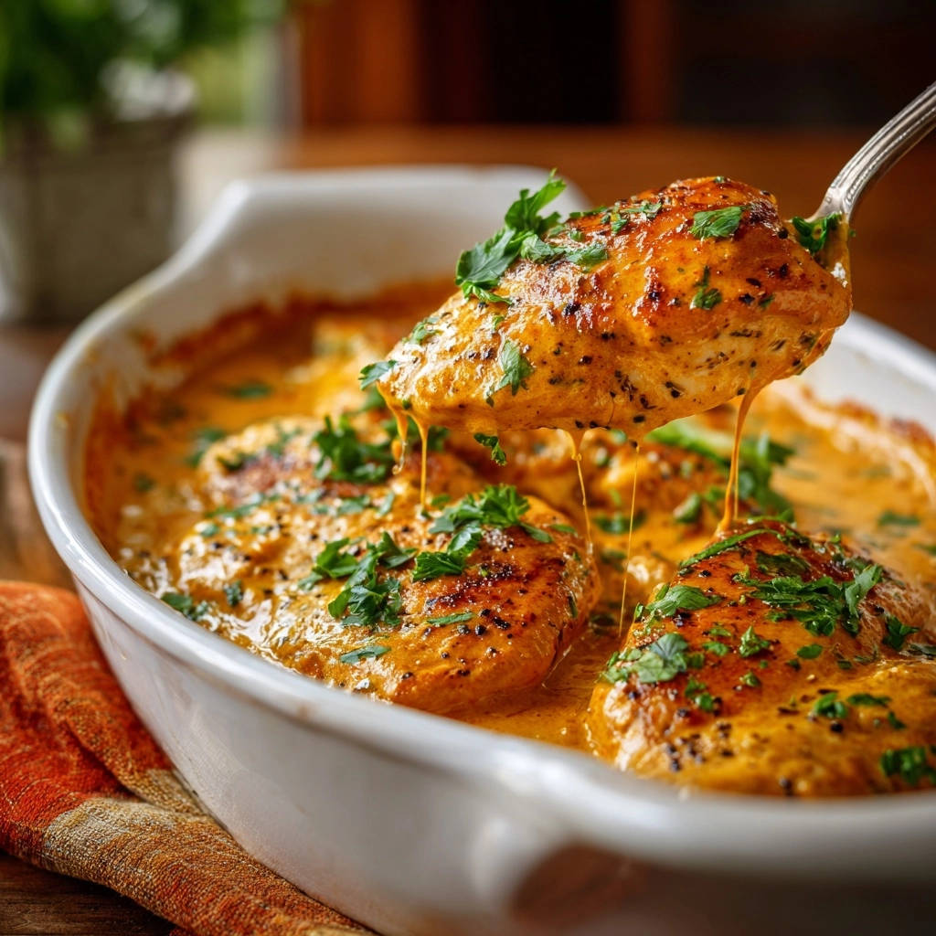 Creamy baked chicken moist and flavorful every time, with a spoonful of chicken covered in rich sauce being lifted.