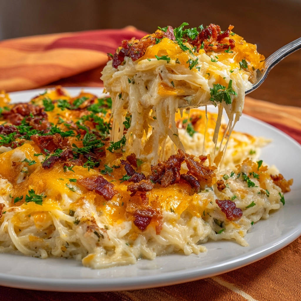 Creamy chicken spaghetti bake being served on a fork, showing cheesy noodles and bacon topping.