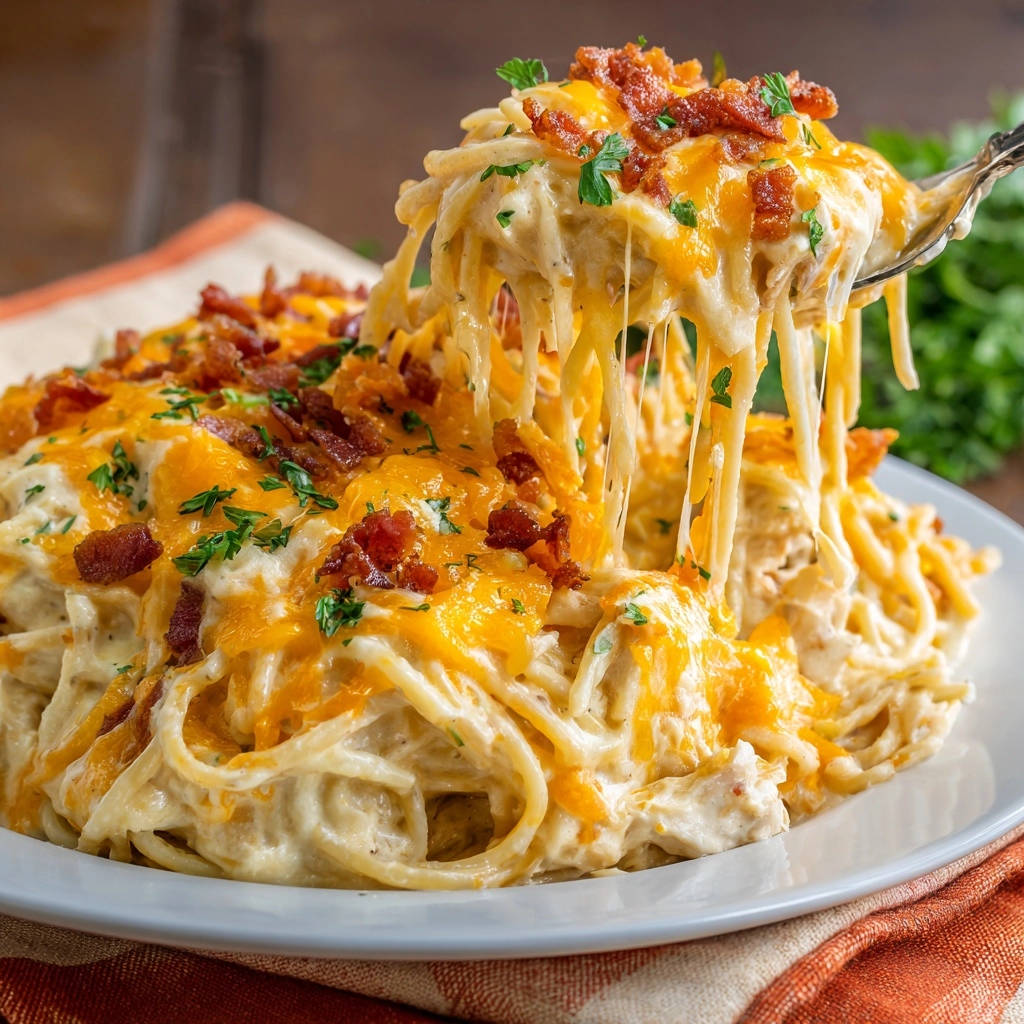 Creamy Chicken Spaghetti Bake with a fork lifting gooey cheese and pasta, topped with bacon and parsley.