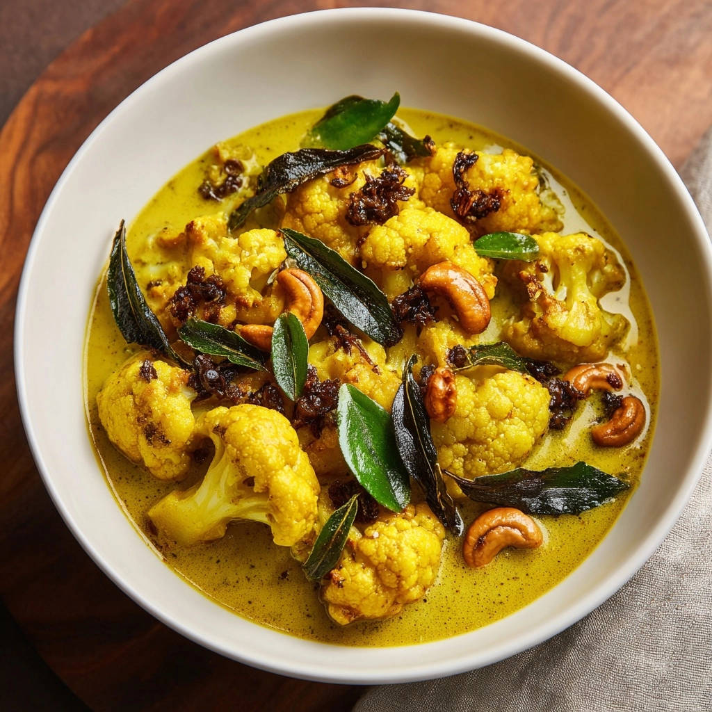 Creamy golden cauliflower curry with cashews and curry leaves, presented in a white bowl.