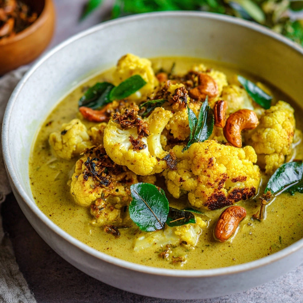 Creamy golden cauliflower curry in a bowl, showcasing tender florets, cashews, and curry leaves.
