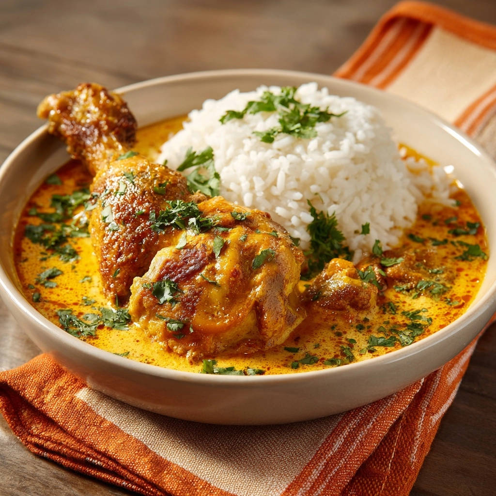 Creamy golden chicken and rice served in a bowl, a close-up view highlighting the tender chicken and fluffy rice.