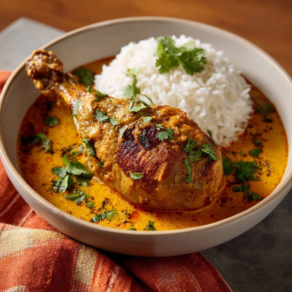Creamy golden chicken and rice served in a bowl, showcasing the tender chicken leg and fluffy white rice with a cilantro garnish.