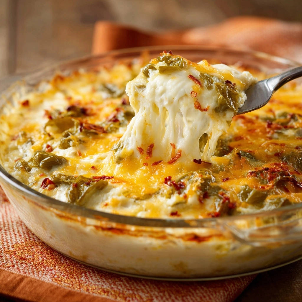 Creamy green chile chicken bake with a fork lifting a cheesy, gooey portion from the dish.