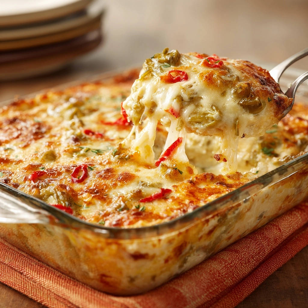 Creamy green chile chicken bake being served with a cheesy pull, showcasing melted cheese and red chile slices.
