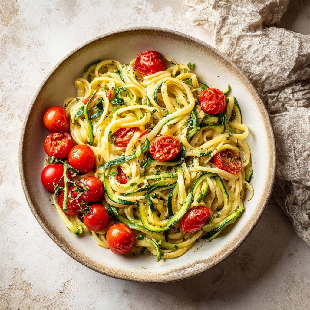 Creamy lemon zucchini pasta served in a rustic bowl with cherry tomatoes and fresh herbs.