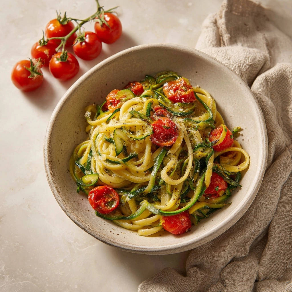 Creamy lemon zucchini pasta served in a rustic bowl, showcasing twirled pasta with zucchini ribbons and cherry tomatoes.