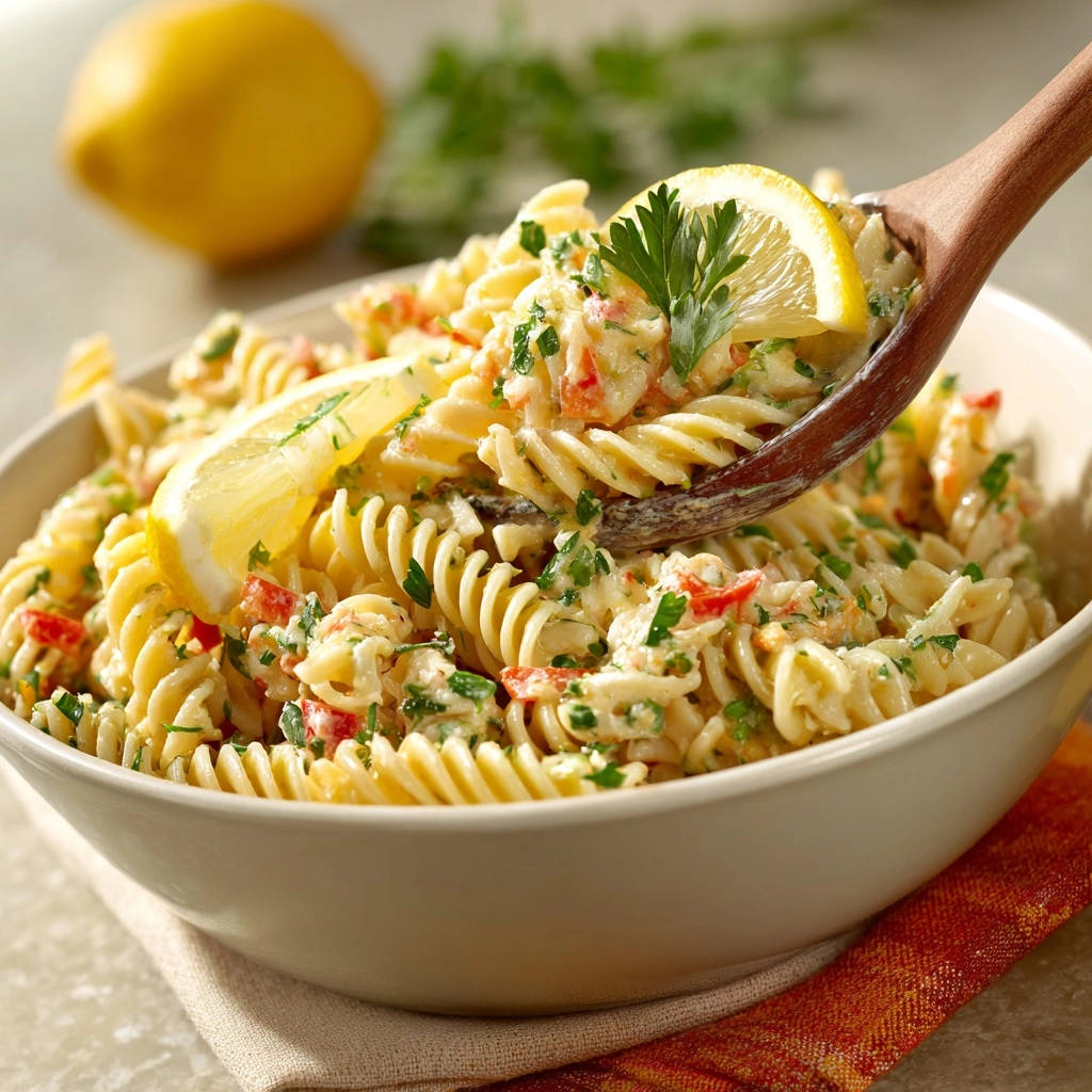 Creamy seafood pasta salad scooped with a wooden spoon, garnished with lemon and parsley.