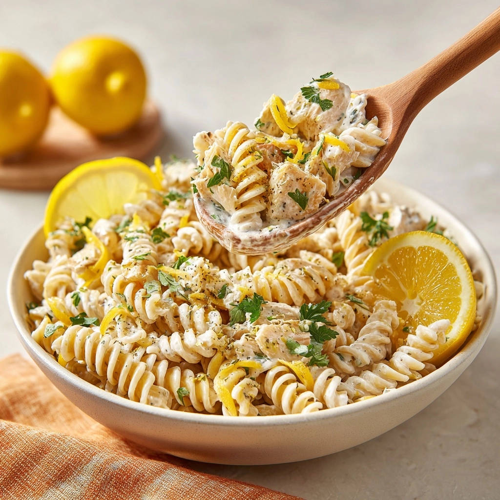 Creamy seafood pasta salad shown being scooped with a wooden spoon, garnished with lemon and parsley.