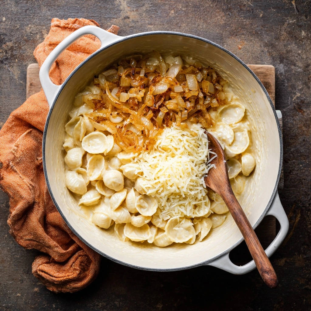 Creamy shells with golden onions, shown in an overhead view, highlighting the texture of the pasta and toppings.