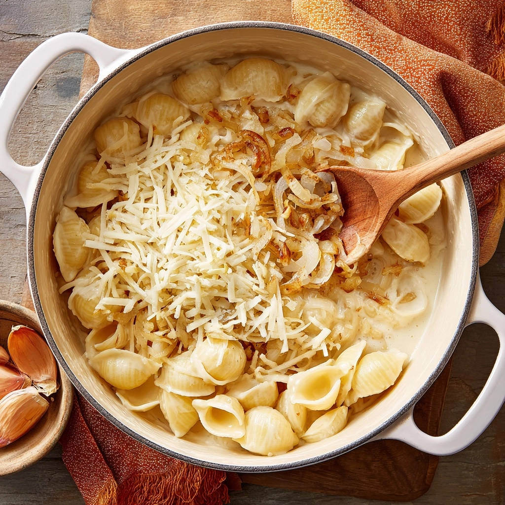 Creamy shells with golden onions, a rich and comforting pasta dish, shown in an overhead view from a pot.