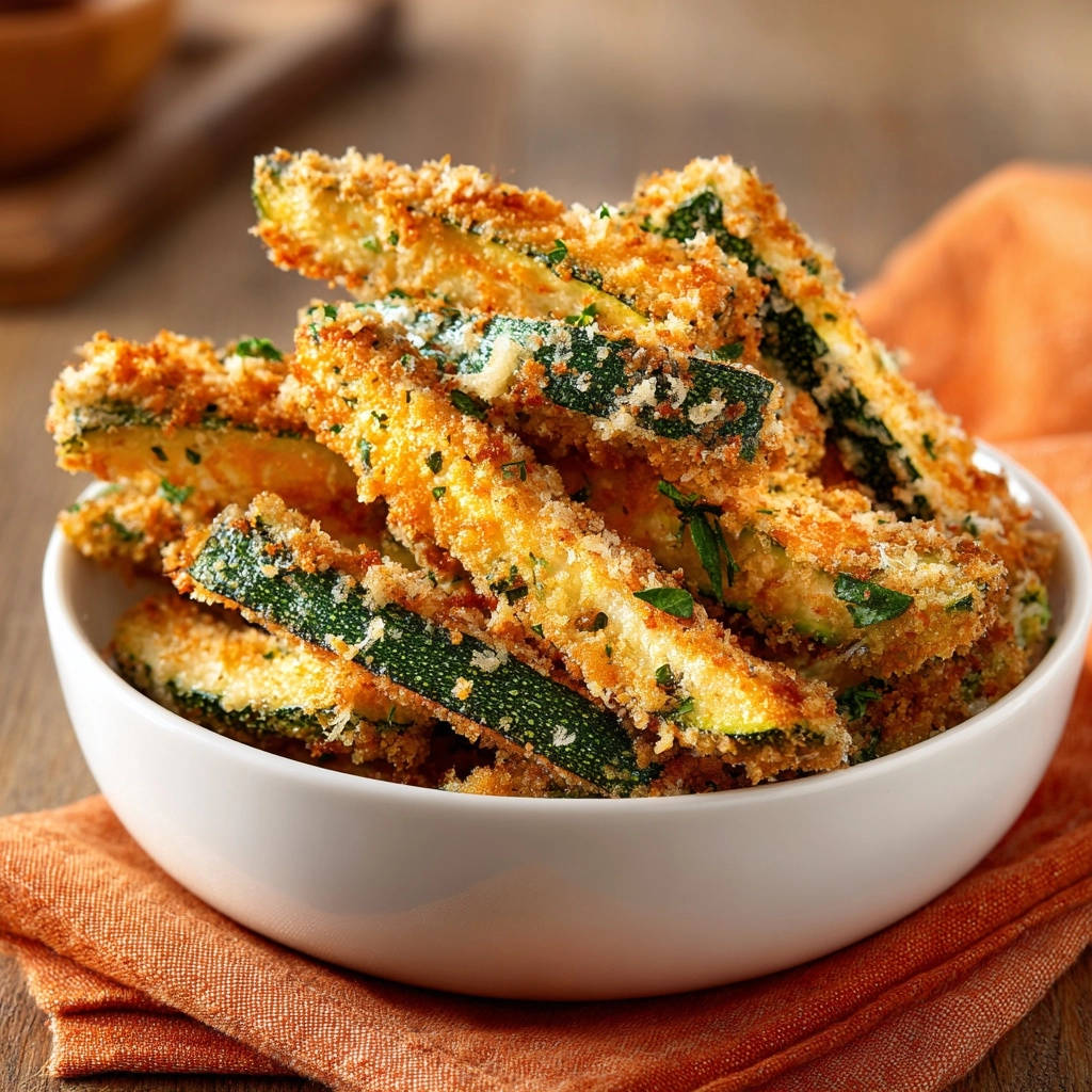 Crispy baked zucchini fries, a generous portion piled high in a white bowl, showcasing their golden-brown coating and fresh herb flecks.