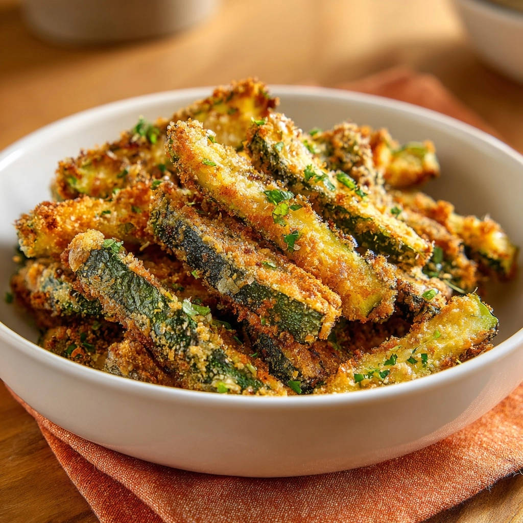 Crispy baked zucchini fries garnished with parsley, served in a white bowl on an orange napkin.
