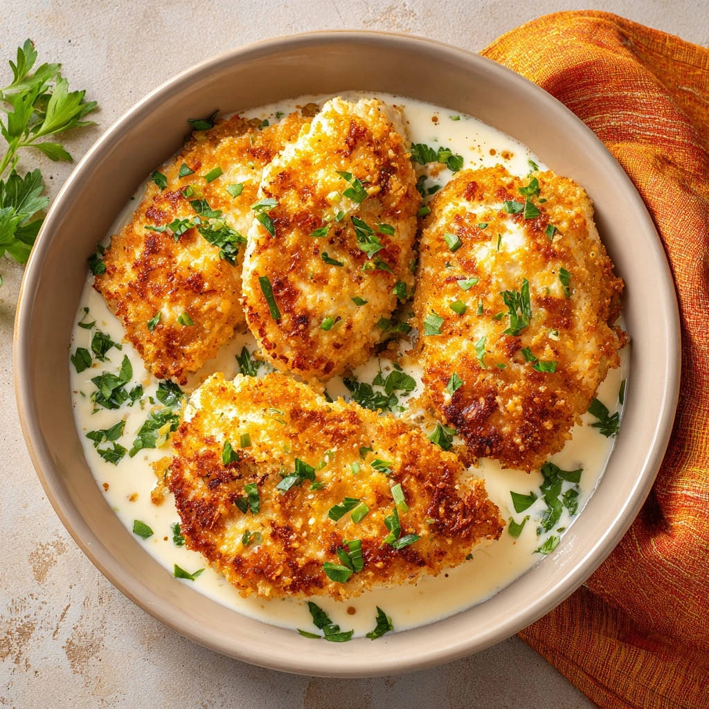 Crispy creamy chicken served in a bowl and garnished with fresh parsley