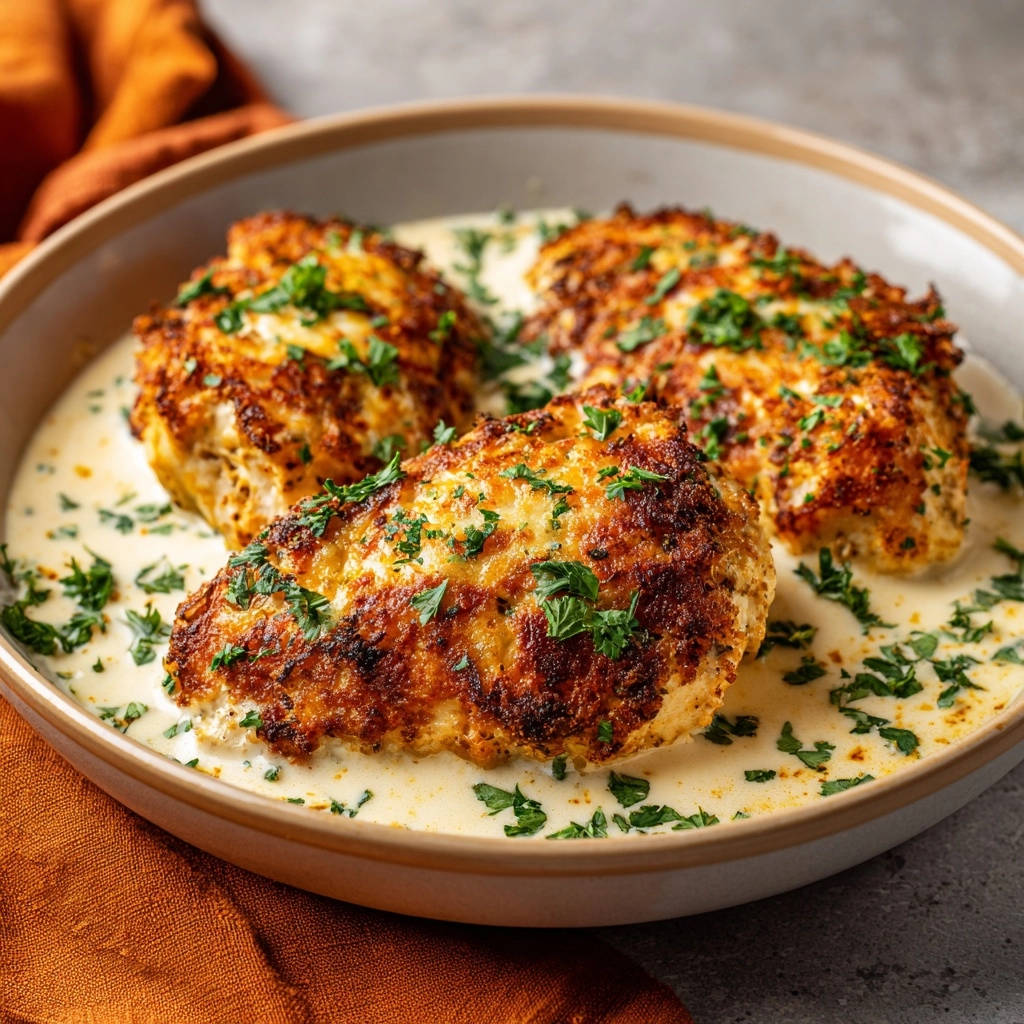 Crispy creamy chicken served in a rustic bowl, garnished with fresh parsley, showcasing three golden-brown pieces.