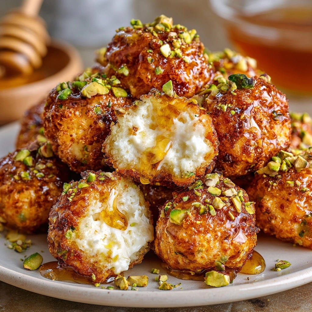 Crispy fried cheese bites with a gooey center, drizzled with honey and topped with chopped pistachios.