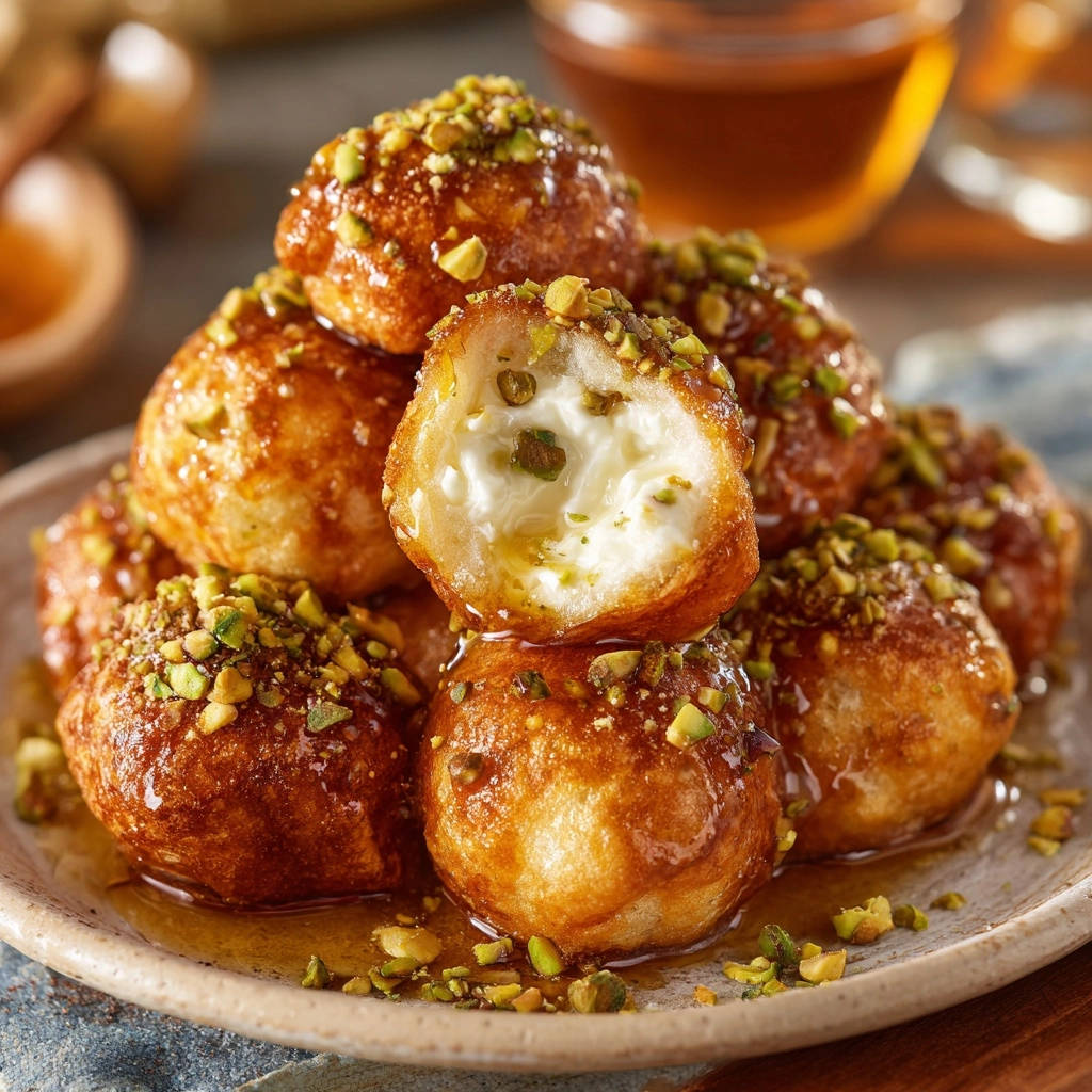 Crispy fried cheese bites with a gooey center shown in a cross-section, drizzled with honey and sprinkled with pistachios.