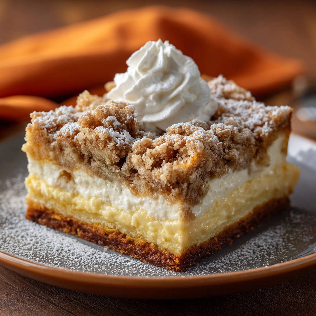 Classic Crumb Cheesecake Bars cross-section showing layers of cheesecake and crumb topping, garnished with whipped cream.