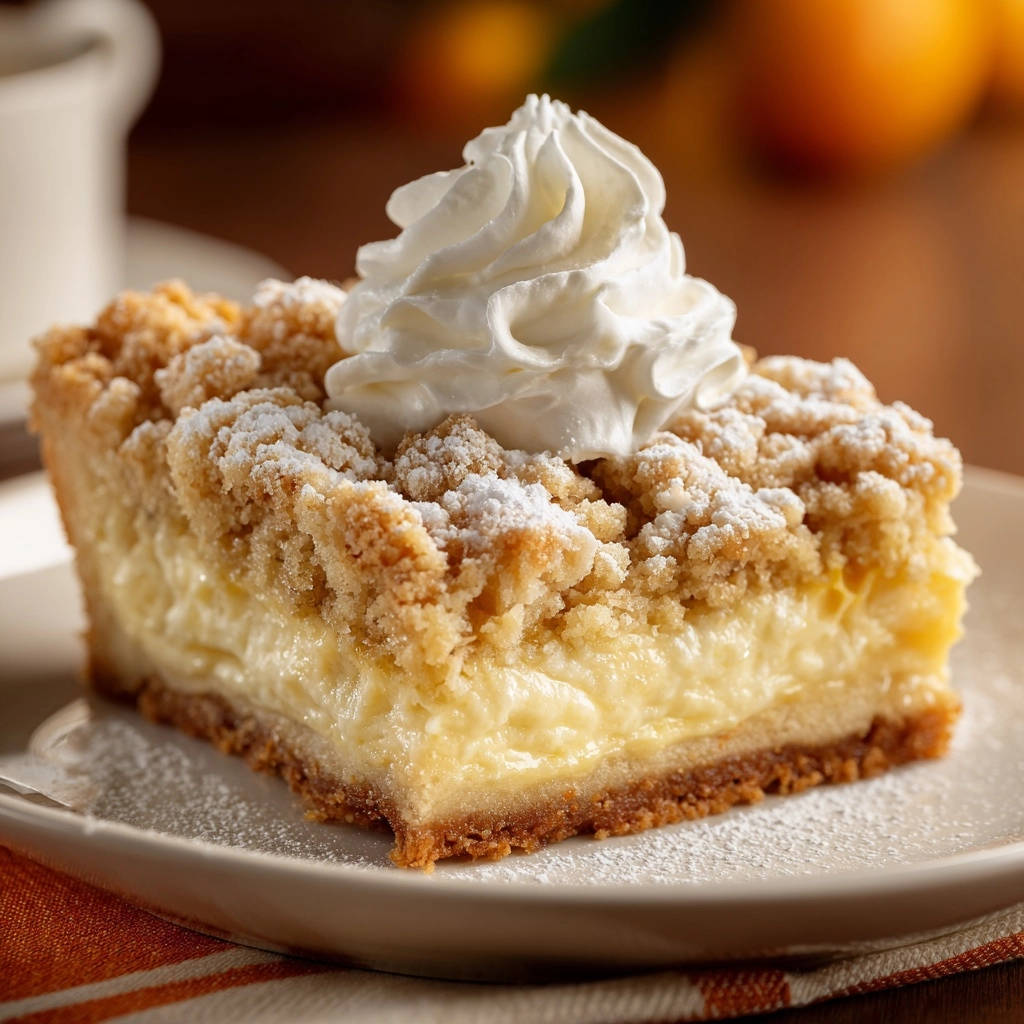 Classic crumb cheesecake bars, a single slice topped with whipped cream and dusted with powdered sugar.