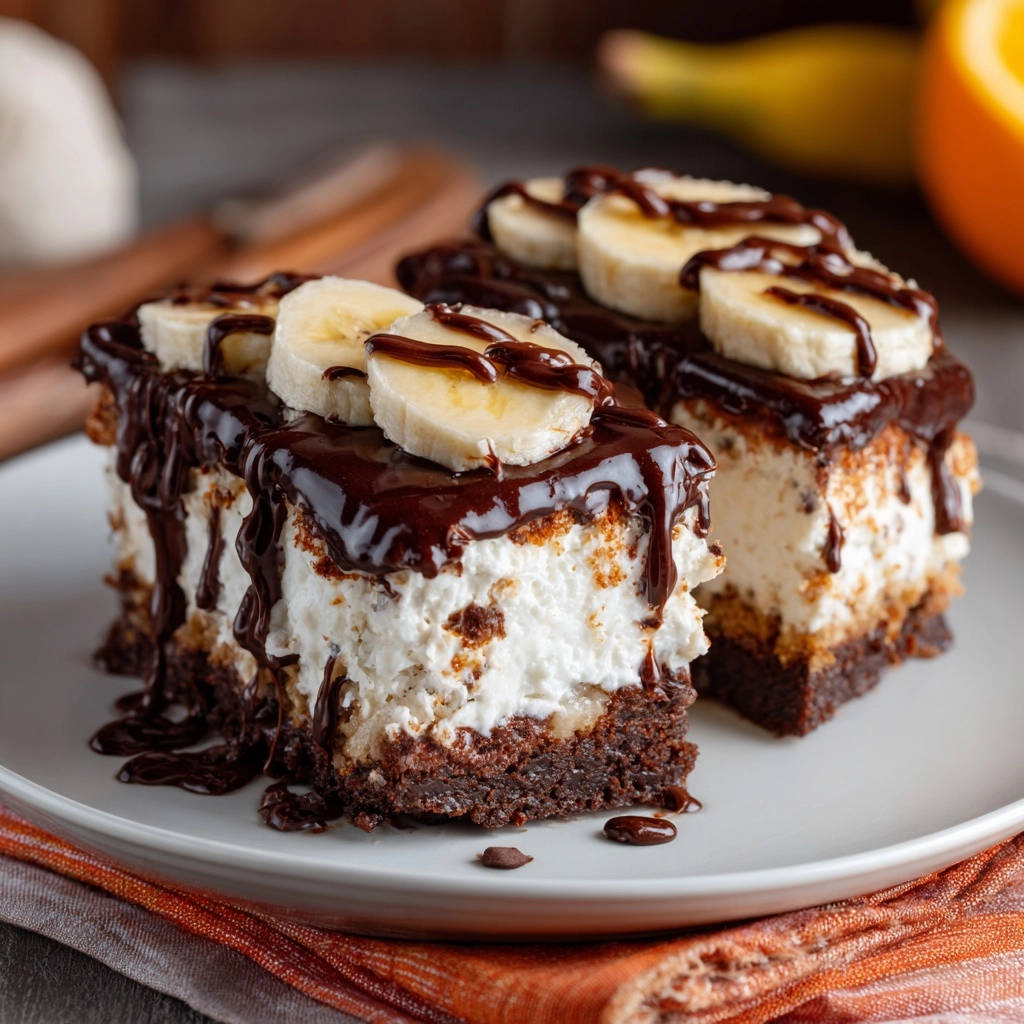 Decadent banana chocolate dessert sliced to reveal a rich cross-section with creamy filling and chocolate glaze.