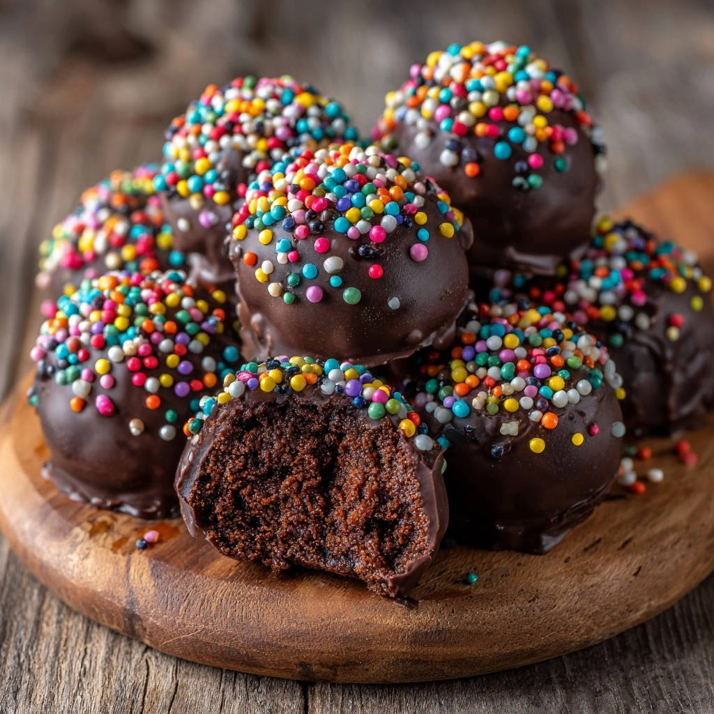 Decadent chocolate cake pops with colorful sprinkles, one shown with a cross-section revealing its moist interior.