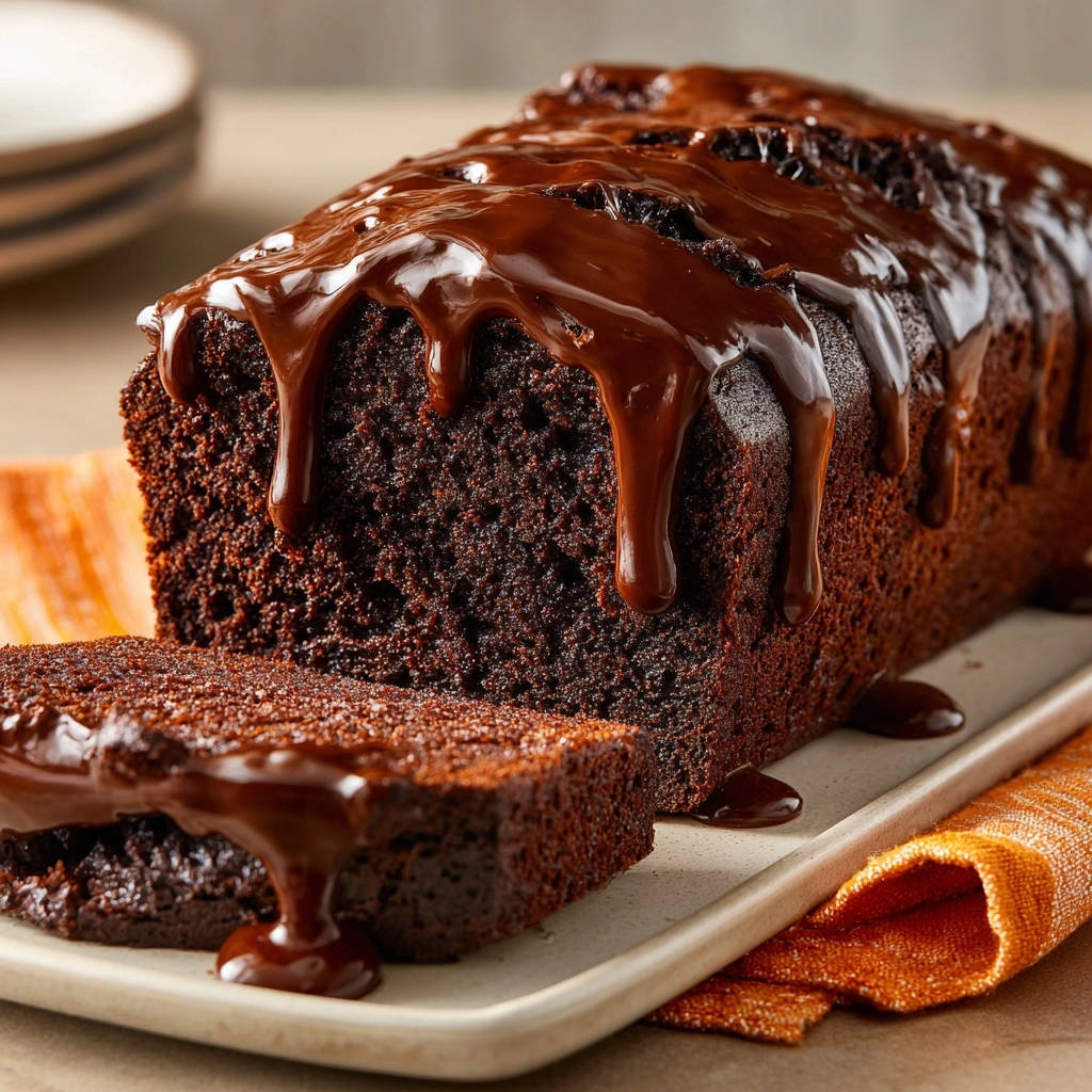 Decadent chocolate loaf cake with a thick chocolate glaze and a slice showing its rich texture.