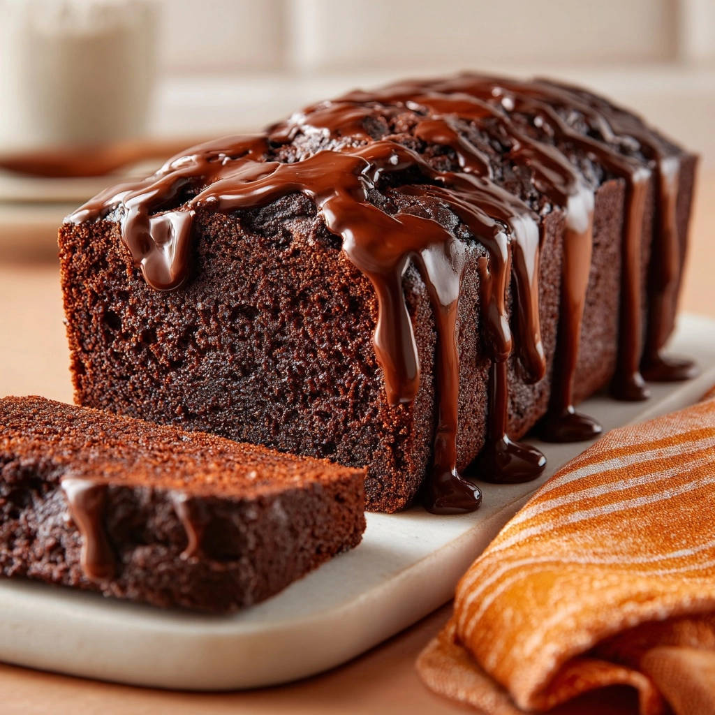 Decadent chocolate loaf with rich chocolate glaze dripping down the sides, showcasing its moist texture.