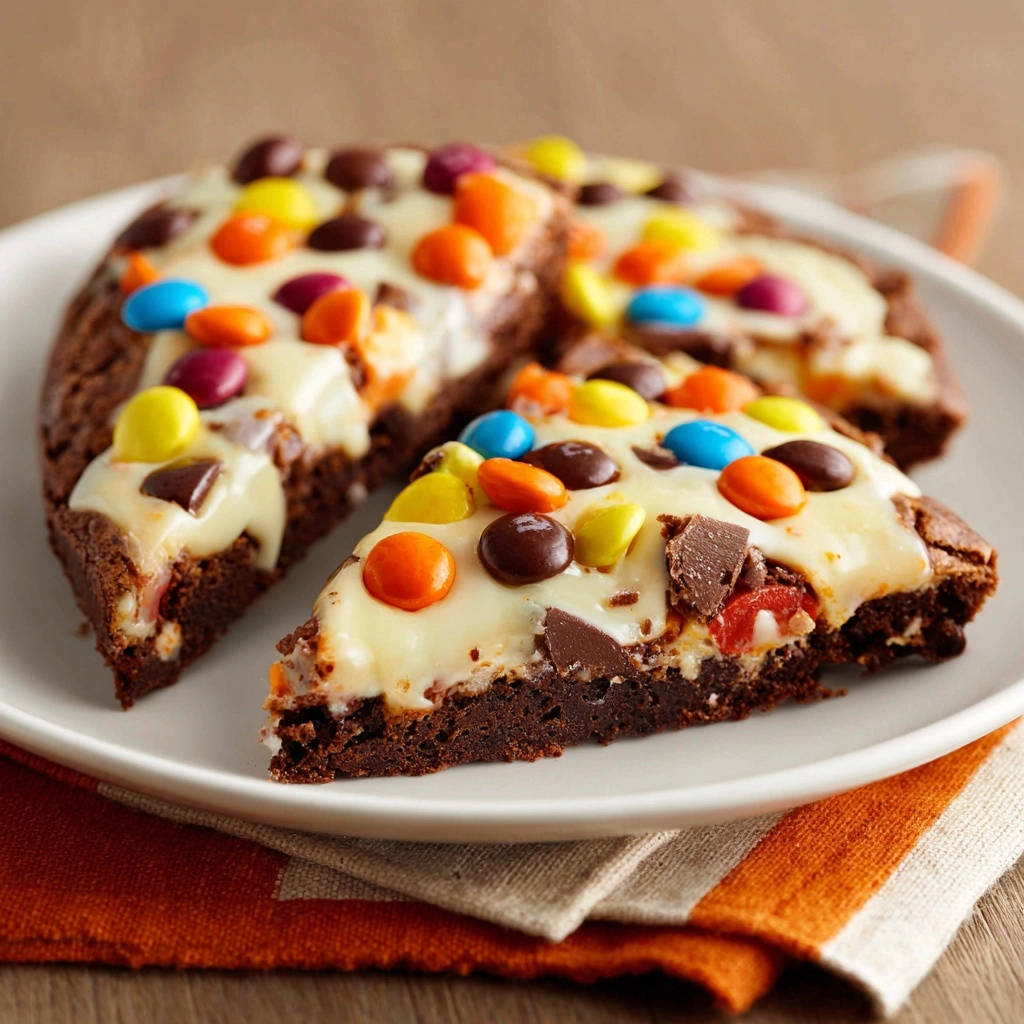 Ultimate dessert pizza cross-section on a white plate, topped with colorful candies and melted white chocolate.