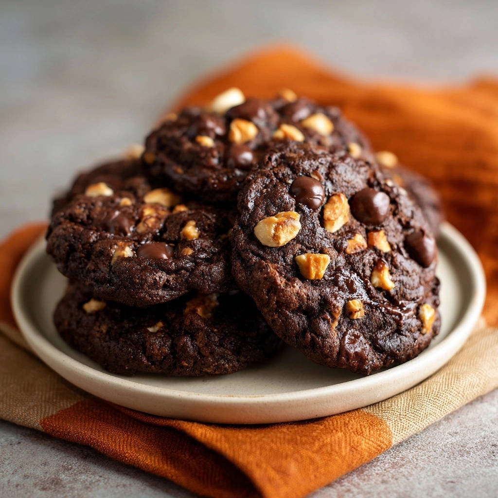 Double chocolate nut cookies piled on a plate, showcasing their fudgy texture and nutty inclusions.