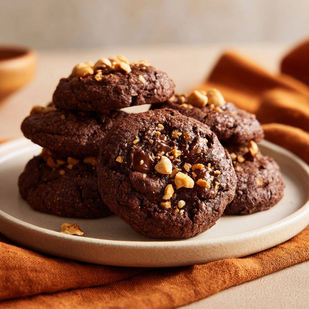 Double chocolate nut cookies topped with chopped nuts and melted chocolate pieces on a plate.
