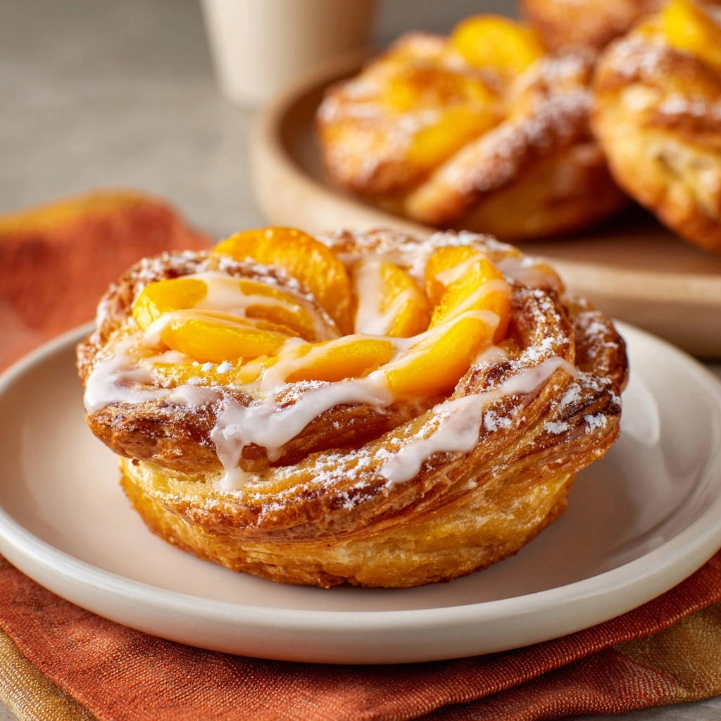 Easy peach pastries plated close-up, showing flaky crust and juicy peach slices with a drizzle of icing.
