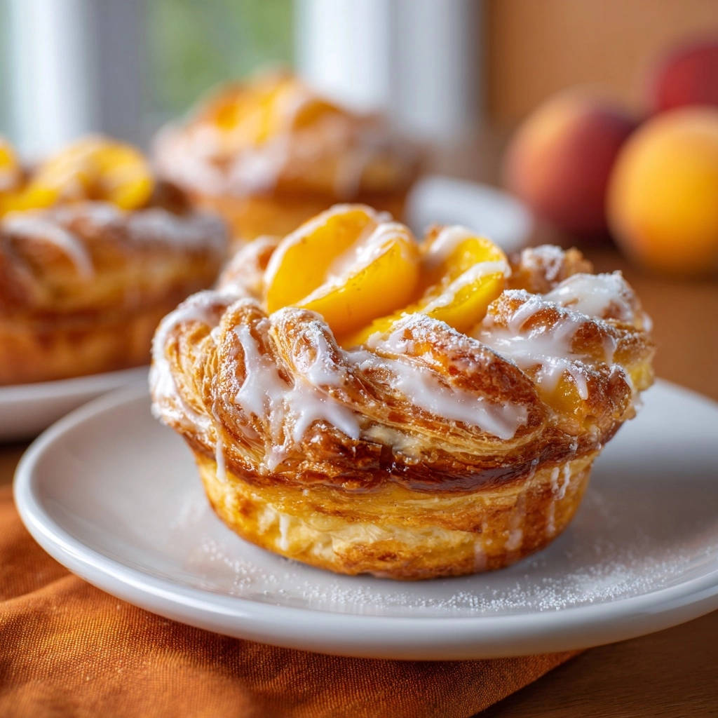 Easy peach pastries plated on a white dish with a close-up view of the flaky pastry and glazed topping.