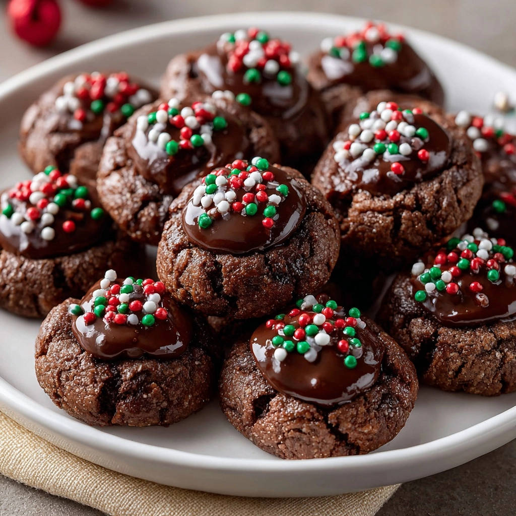 Festive chocolate thumbprint cookies with a glossy chocolate center and a festive sprinkle topping, presented on a white plate.