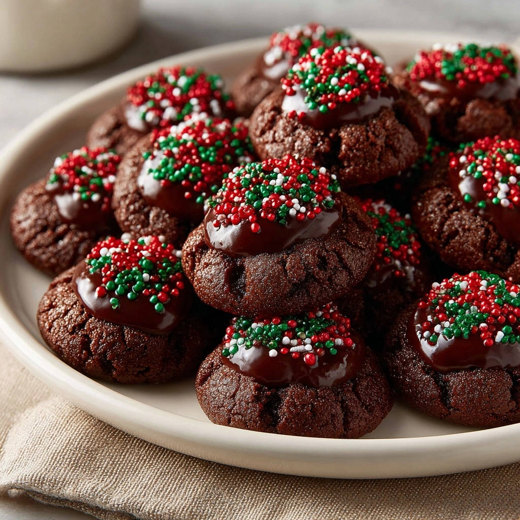 Festive chocolate thumbprint cookies piled high on a white plate, topped with chocolate ganache and festive red, green, and white sprinkles.