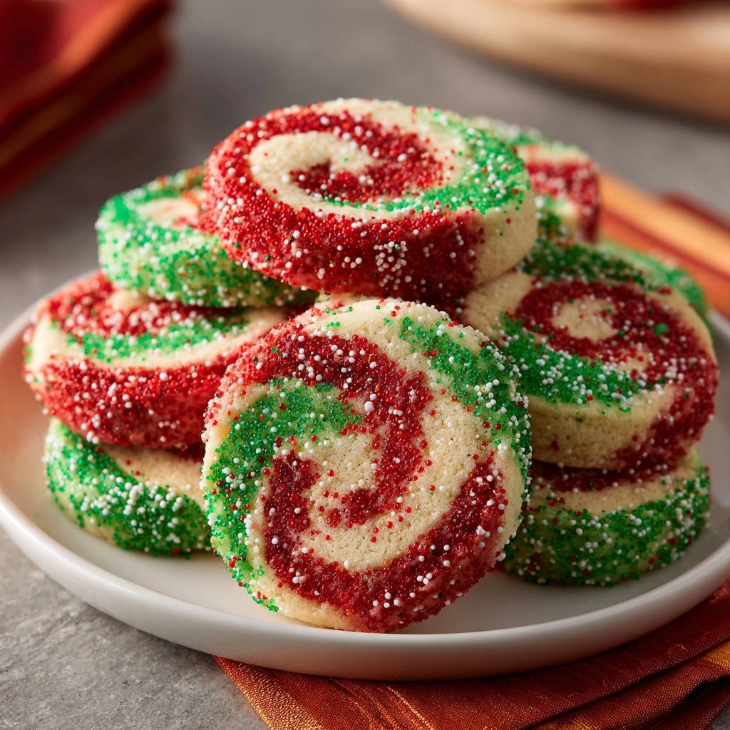 Festive pinwheel cookies with red and green swirls, sprinkled with sugar, stacked on a white plate.