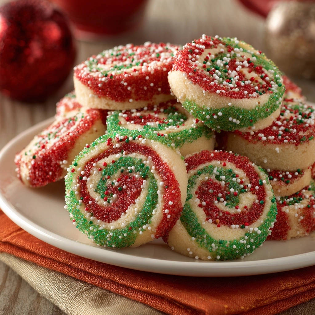 Festive pinwheel cookies with red and green sugar, stacked closely together on a white plate.