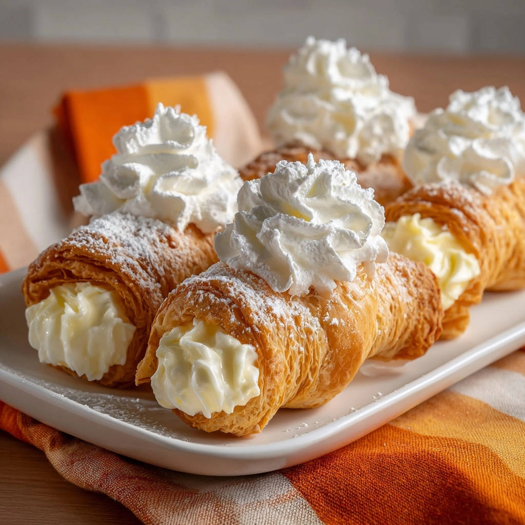 Flaky cream horns with a generous swirl of whipped topping and a dusting of powdered sugar, presented on a white platter.