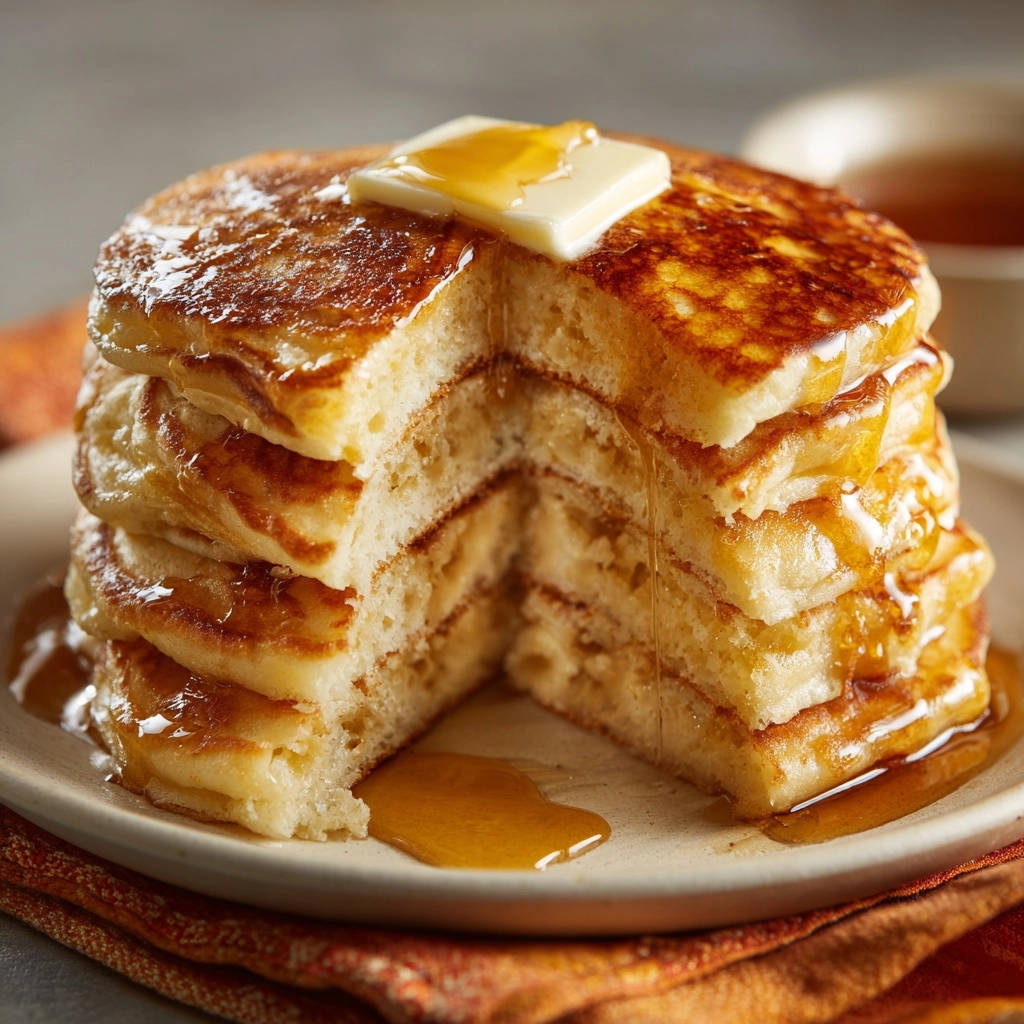 Perfect fluffy pancakes showing a cross-section with syrup dripping down the stack and butter on top.
