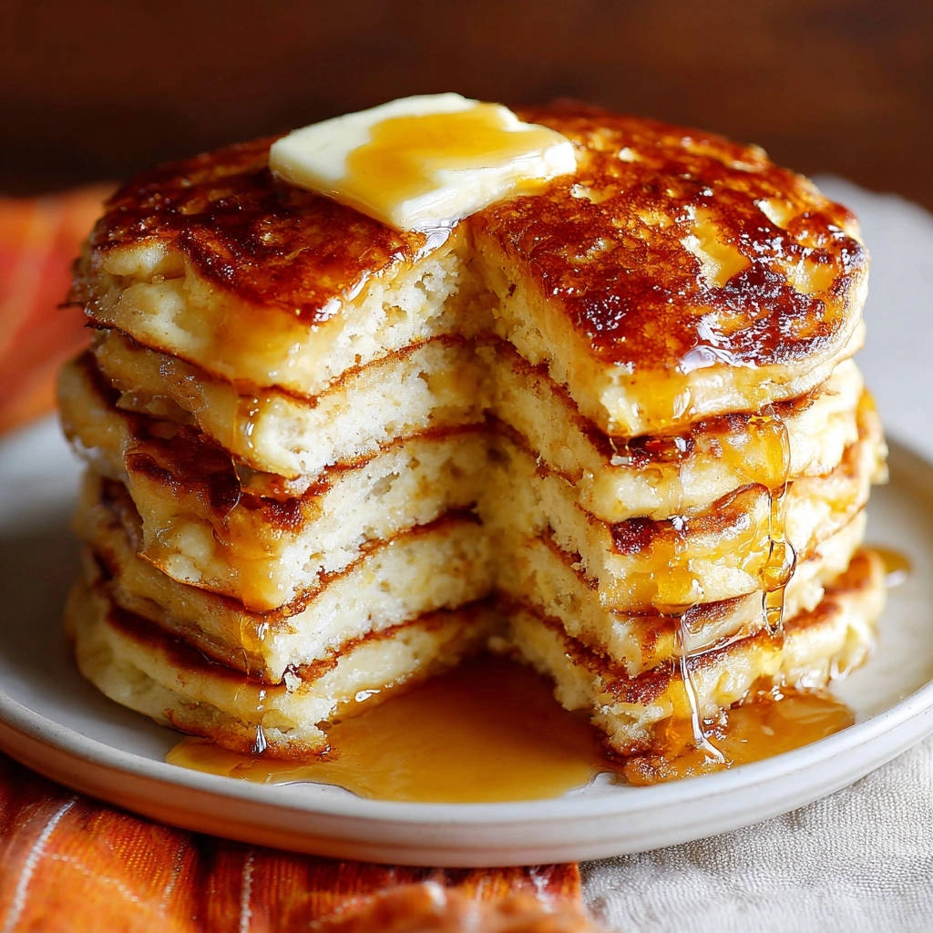 Perfect fluffy pancakes with a butter pat and syrup drizzle, showing a detailed cross-section of the stack.