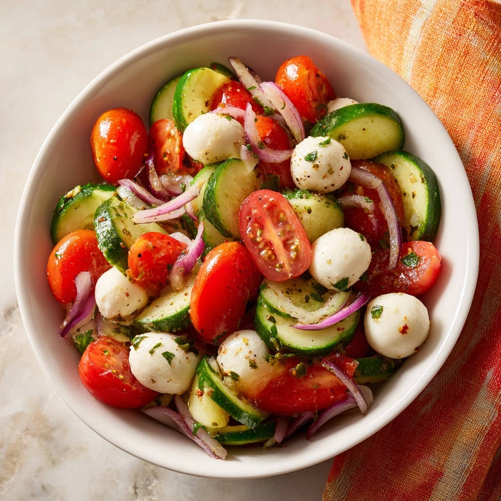 Fresh summer salad with tomatoes, cucumbers, mozzarella balls, and red onion, served in a white bowl from an overhead perspective.