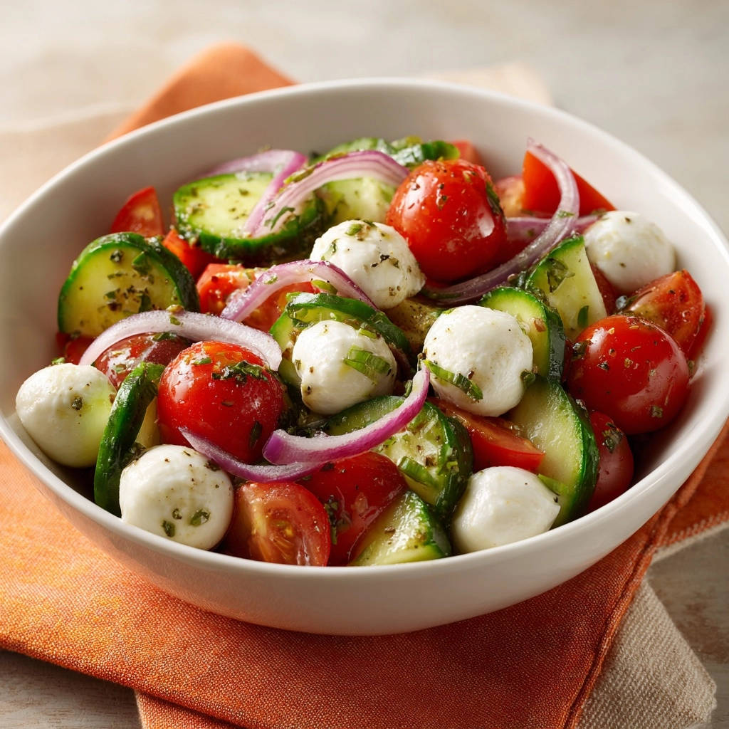 Fresh summer salad with mozzarella balls, tomatoes, cucumbers, and red onion in a white bowl, close-up view.