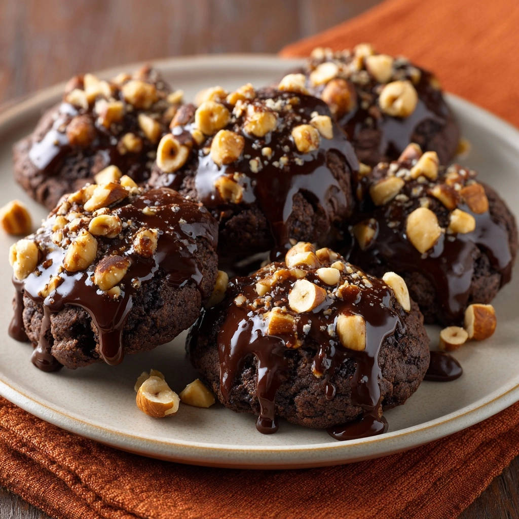 Fudgy chocolate hazelnut cookies generously drizzled with chocolate and topped with chopped hazelnuts.