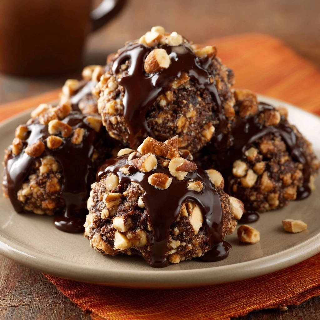 Fudgy chocolate hazelnut cookies drizzled with melted chocolate and topped with chopped nuts, presented on a plate.