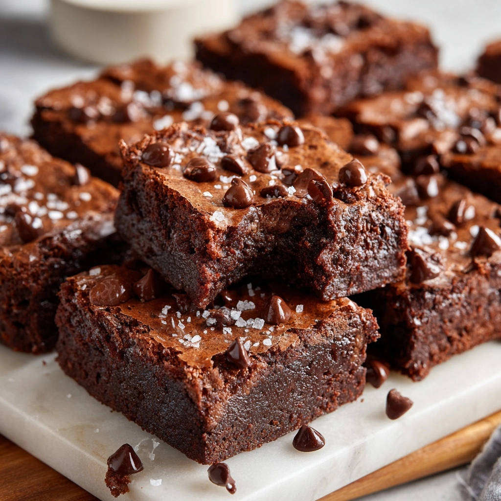 Fudgy salted chocolate chip brownies with a bite taken out, showing the gooey interior and chocolate chips.